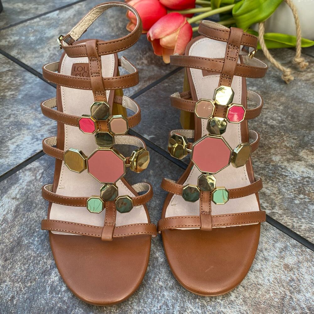 Louise et Cie Leather Jeweled T-Strap Gladiator Block Heel Sandals Cognac Brown - Picture 7 of 13